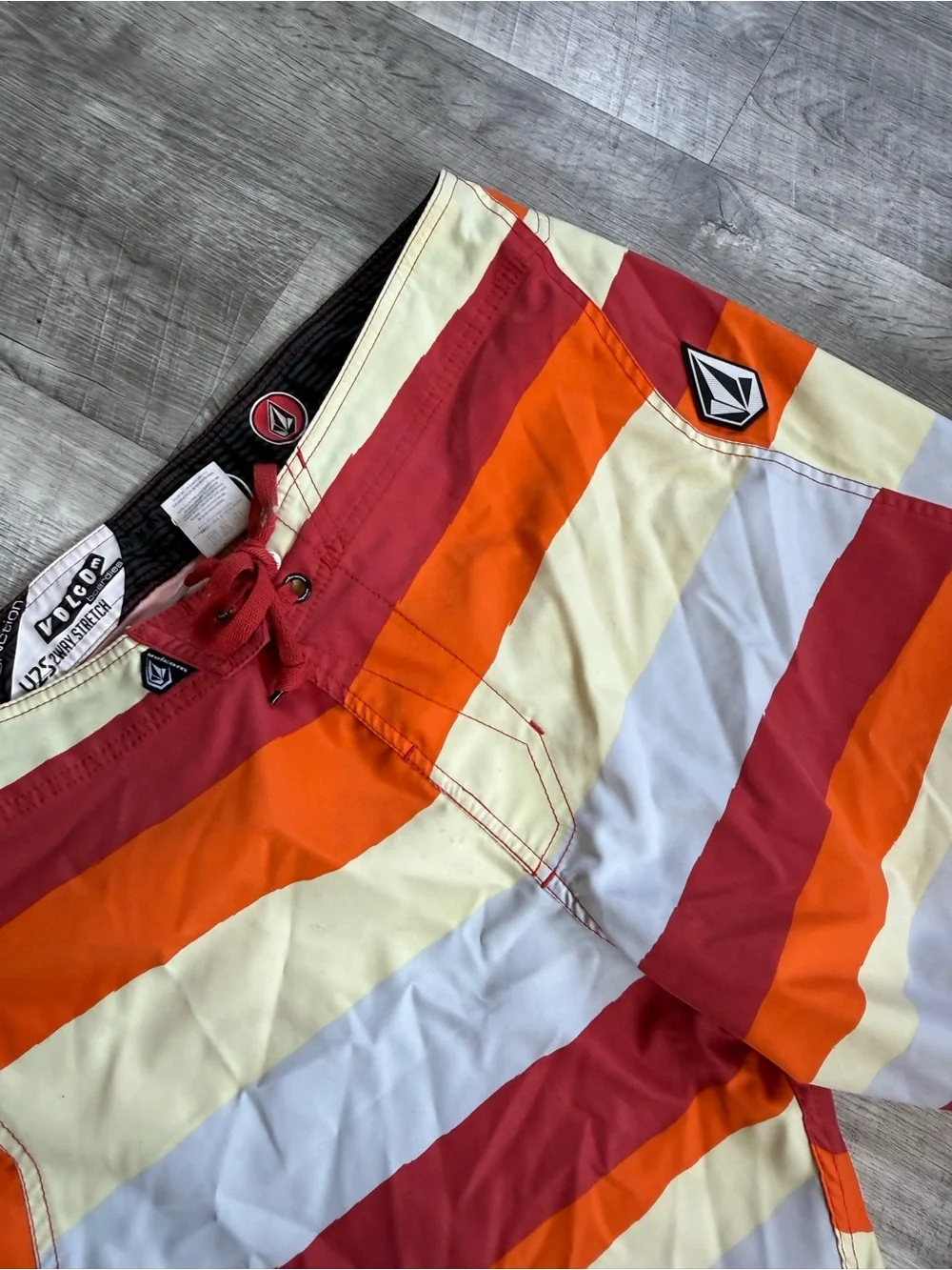 Volcom Men’s Red Orange Cream Striped Boardshorts